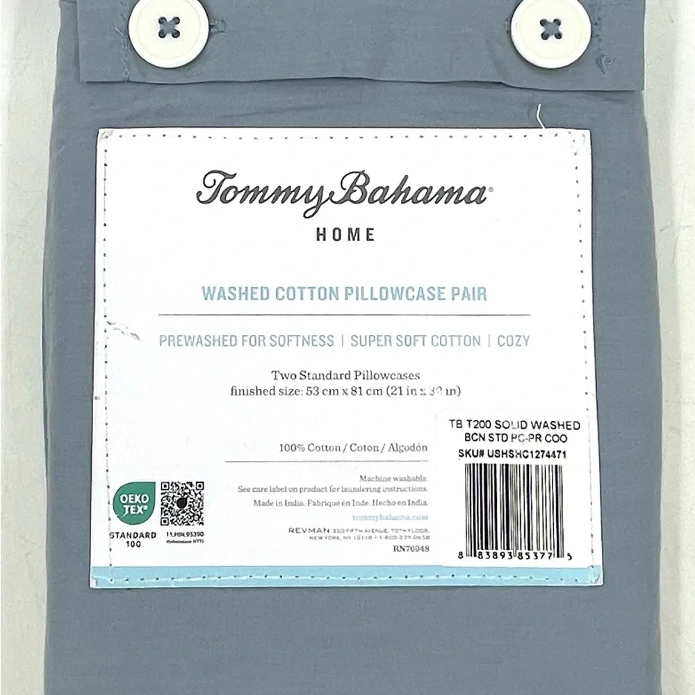 Tommy Bahama Set of 2 Standard Size‎ Pillowcases Teal Blue Washed Cotton NIP